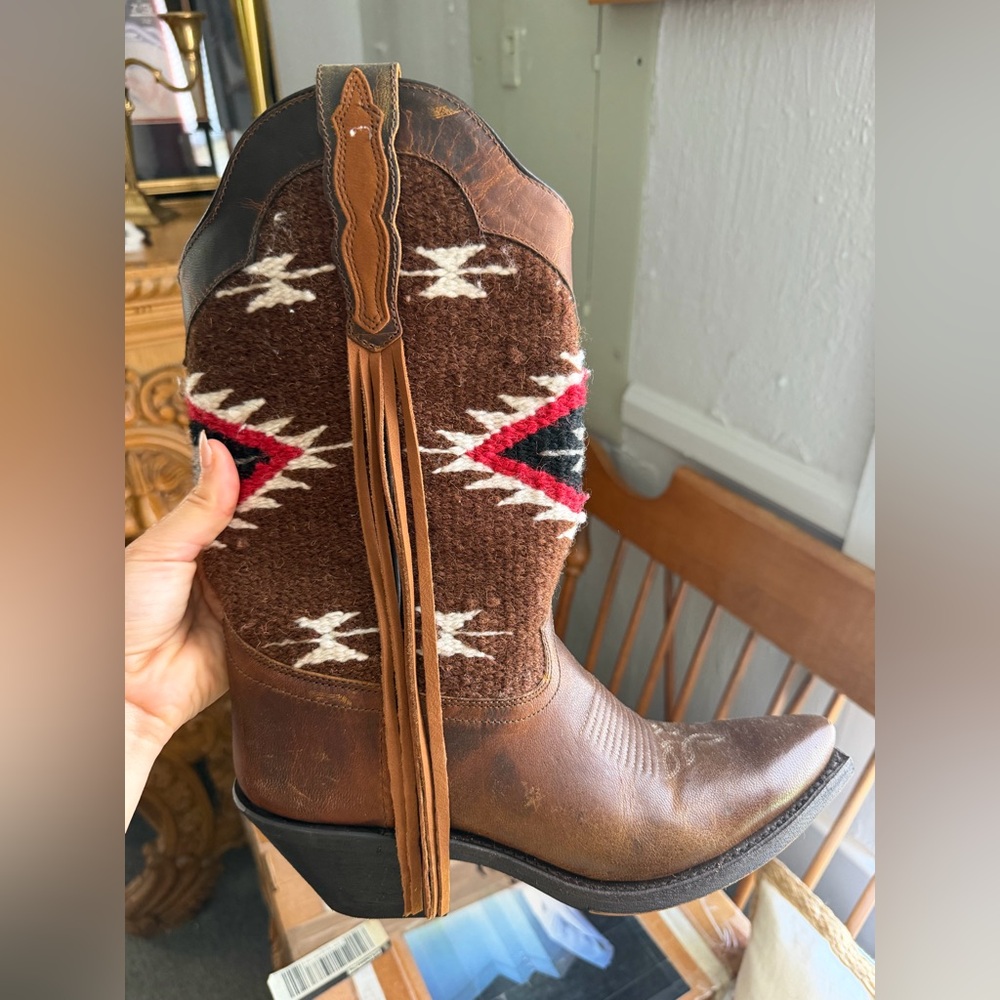 Brown Leather Cowboy Boot with Aztec Wool Shaft and Fringe